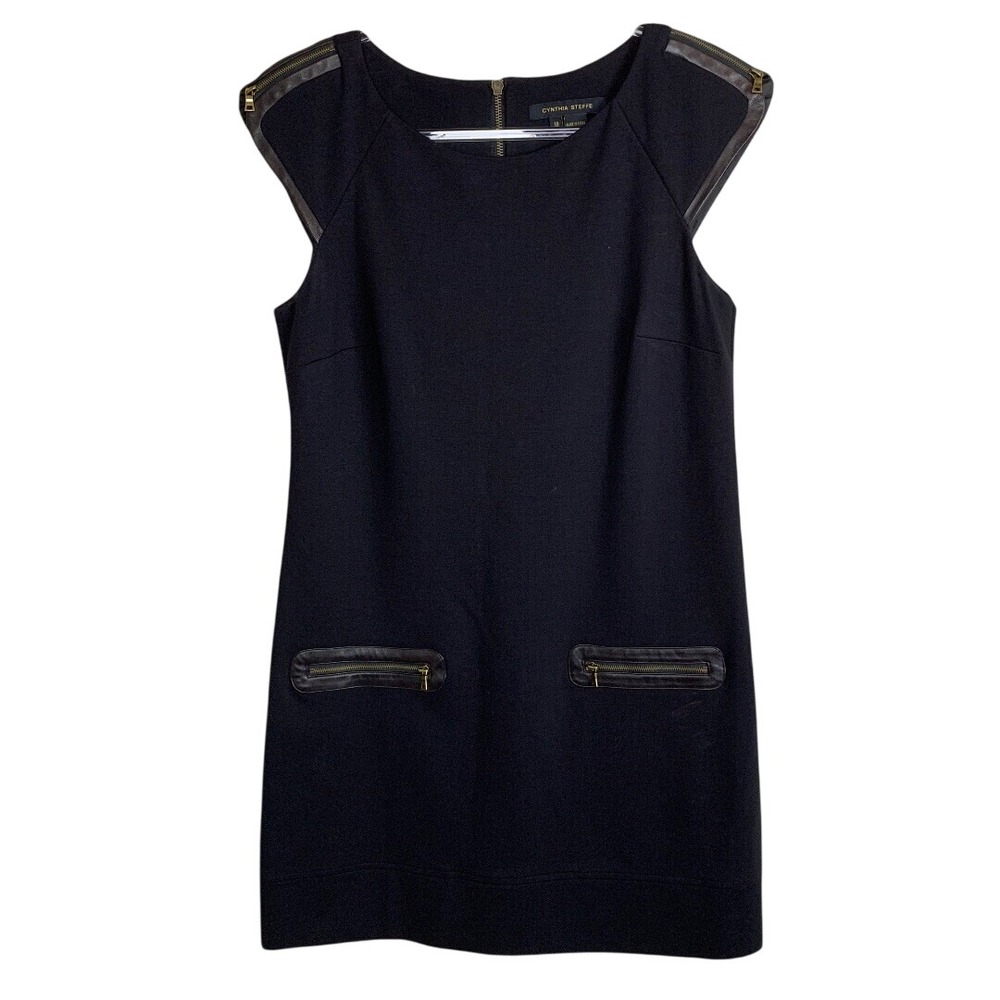 Cynthia Steffe Shift Black Brown Trim Ponte Stretch Dress Size 10 - Picture 1 of 8